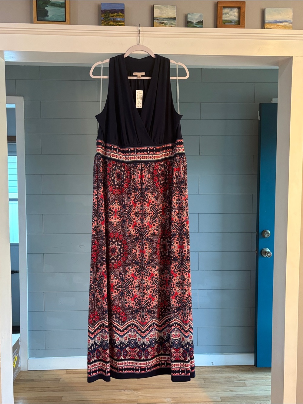 Dress Barn Navy Bodice Maxi Dress with Coral and Pink Patterned Skirt
